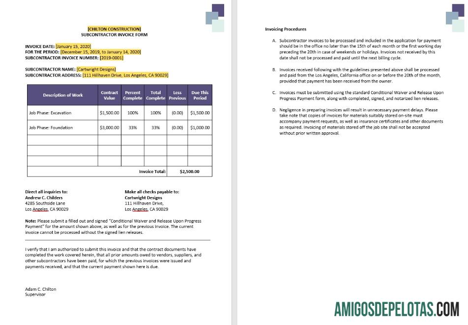 em branco Modelo de fatura de subempreiteiro de construção